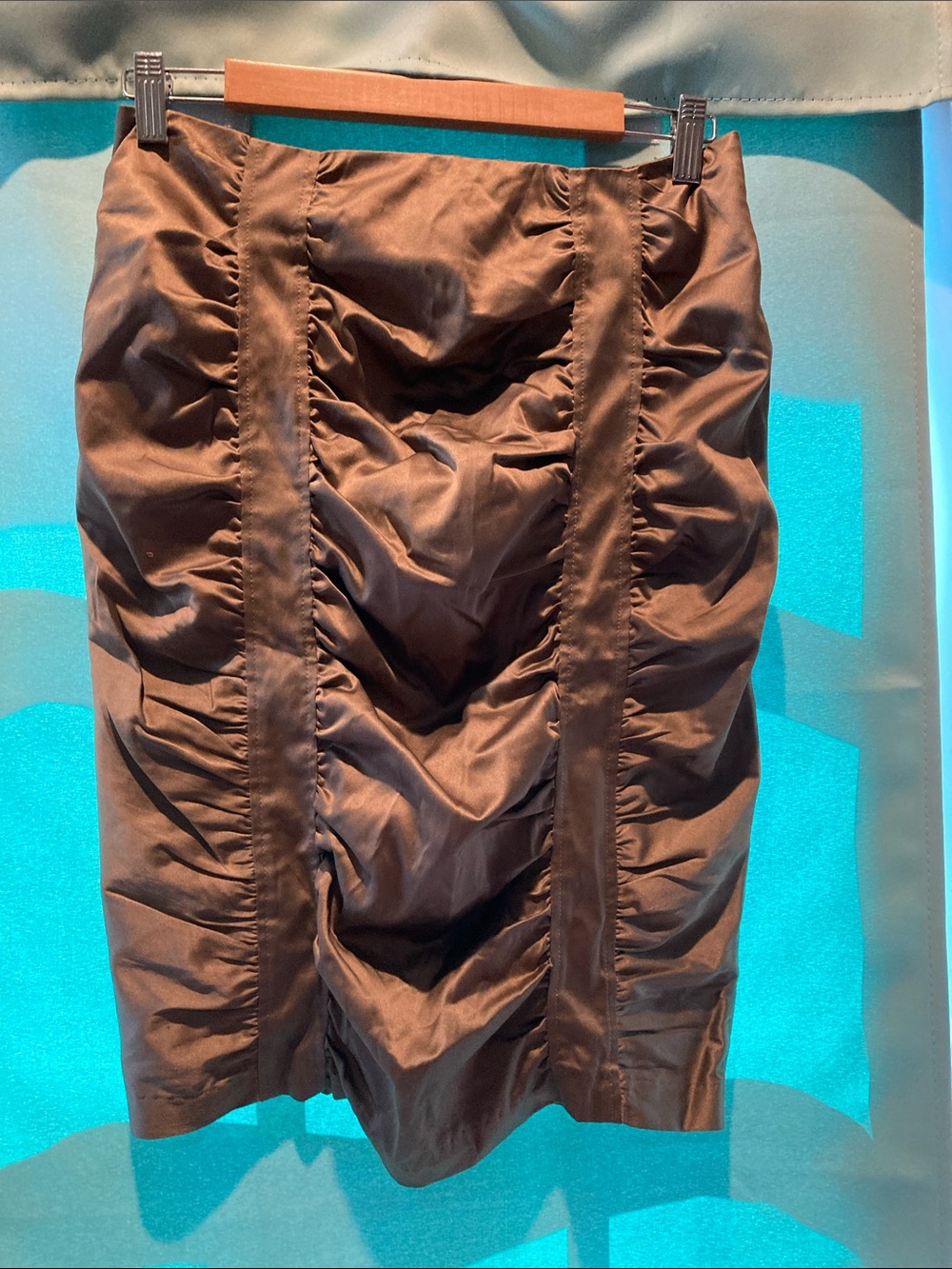 Ruched Brown Satin Pencil Skirt - Women's